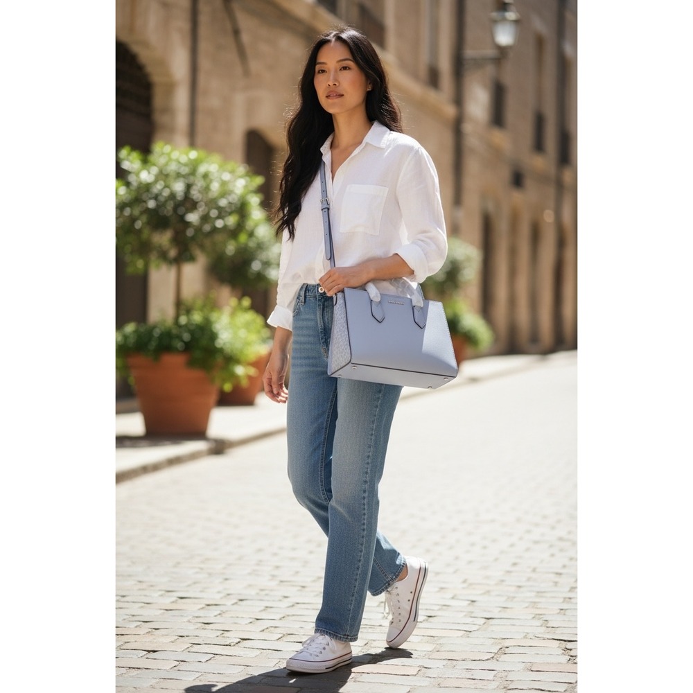 Michael Kors Womens Saffiano Leather Satchel and Monogram Pouch Set Light Blue